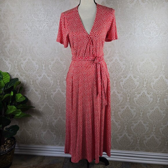 Boden Size 4R Red/Orange White Polka Dots Wrap Dress Vneck Pockets Short Sleeves - Picture 1 of 13